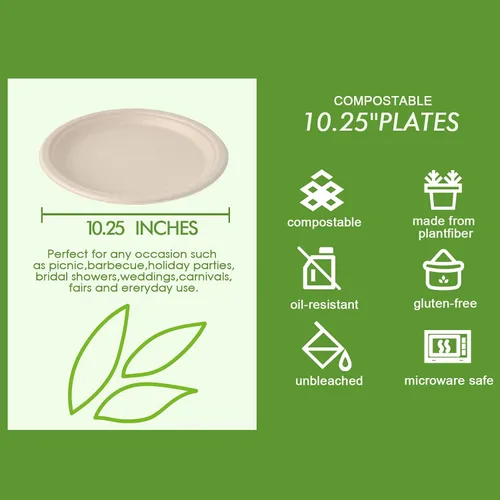 Miniatura 3 de Vplus Paquete de 150 platos de papel desechables compostables de 10 pulgadas, súper fuertes, 100% bagazo, natural, biodegradables, ecológicos