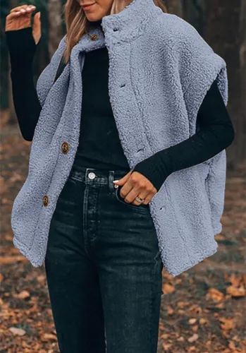 Miniatura 23 de Hongqizo - Chaleco de forro polar mullido para mujer, casual, de gran tamaño, cálido, con botones, chaqueta de sherpa con bolsillos