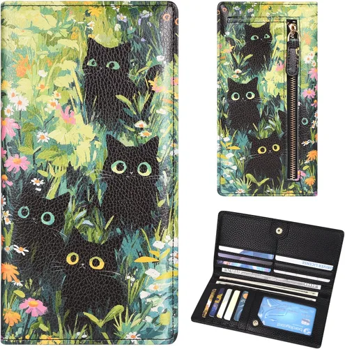 Miniatura 28 de Billetera para mujer, billetera RFID extradelgada, bolso plegable de cuero, con 11 ranuras para tarjetas y ventana de identificación, lindo monedero