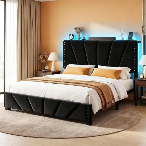 Miniatura 13 de EnHomee Base de cama de plataforma individual con cabecera ajustable tapizada de terciopelo, luces LED y estación de carga para dormitorio, Beige