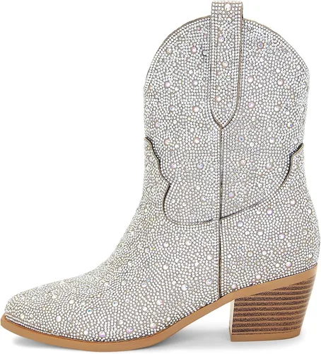 Miniatura 3 de STALOV Botas vaqueras cosidas para mujer, punta puntiaguda, tacón bajo y grueso, botas vaqueras occidentales bordadas