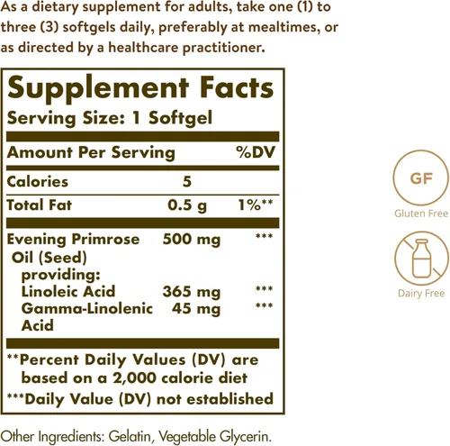 Miniatura 2 de Solgar Aceite de onagra de 500 mg, 180 cápsulas blandas, promueve una piel saludable y la salud cardiovascular, apoyo nutricional para mujeres, sin