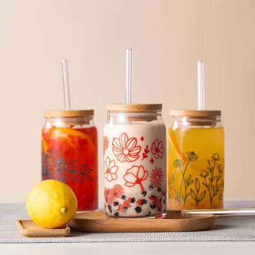 Miniatura 7 de SUNNOW Vasos de 16 onzas con diseño de flores silvestres con tapas y pajitas de bambú, tazas de café helado para cenas en casa, bar y fiesta, juego