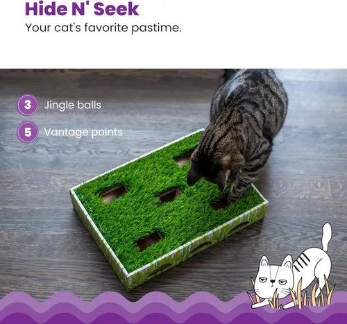 Miniatura 5 de Catstages Caja de Caza con Parche de Hierba - Juguete Interactivo para Gatos de Interior con Césped Sintético y 3 Bolas de Cascabel - Fomenta