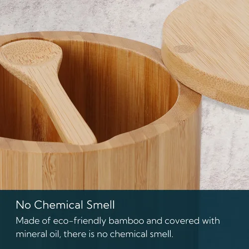 Miniatura 5 de KITCHENDAO - Salero y pimientero de bambú con caja, cuchara incorporada, recipiente de condimentos de dos compartimentos, soporte para salero de sal