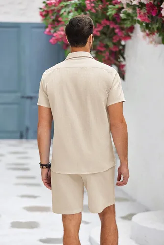 Miniatura 5 de COOFANDY Conjunto de ropa de playa de algodón Guayabera para hombre, conjunto corto de lino de 2 piezas