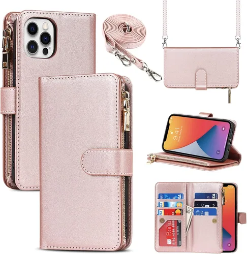 Miniatura 9 de Funda para iPhone 12 Pro Max para mujer con tarjetero, para iPhone 12 Pro Max, funda cruzada con correa para el hombro, bolsillo con cremallera
