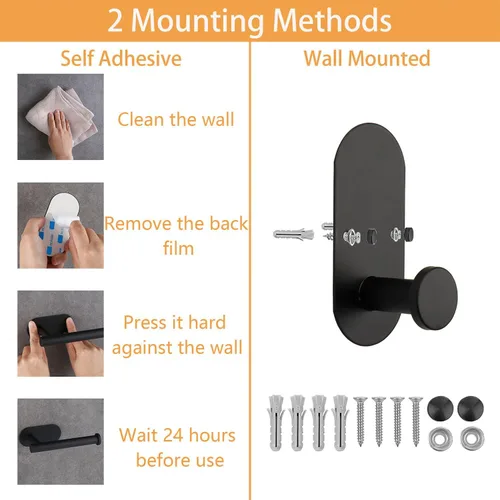 Miniatura 3 de TocTen Juego de 5 toallas para montar en la pared o autoadhesivas, juego de accesorios de baño de acero inoxidable que incluye toallero de 16 Negro
