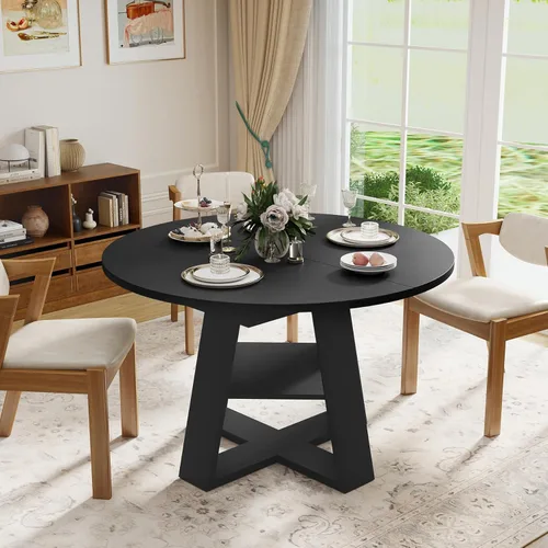 Miniatura 3 de Aivermel Mesa de comedor ovalada extensible de 43.3 a 59 pulgadas para 4-6, mesa de comedor redonda de madera de ingeniería con almacenamiento