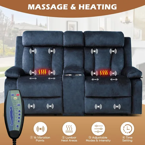 Miniatura 3 de Sofá biplaza reclinable eléctrico con consola, sofá reclinable eléctrico con calor y masaje, sofá biplaza reclinable de pared con puertos dobles
