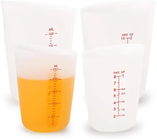 Hedume Juego de 4 tazas medidoras flexibles de silicona con marcado, 2 paquetes de 8 onzas (1 taza) y 2 paquetes de 16 onzas (2 tazas) Juego de