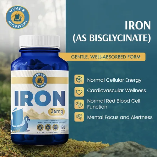 Miniatura 2 de Vykee Nutrition Bisglicinato de hierro - 36 mg para hombres y mujeres, suplemento de hierro suave para ayudar a mantener niveles de hierro