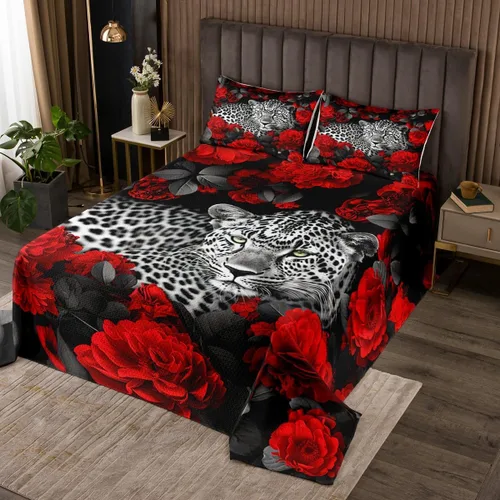 Miniatura 9 de Erosebridal Juego de edredón de león, color turquesa, verde azulado, rosa para mujeres y hombres, juego de colcha de flores de animales salvajes