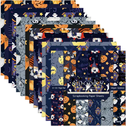 Miniatura 9 de Papel para álbum de recortes de Halloween, 24 hojas de 6 x 6 pulgadas, diseño de calabaza, araña, fantasma, murciélago, papel para hacer tarjetas