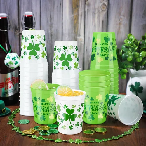 Miniatura 3 de Norme 24 piezas Vasos de plástico para fiesta del día de San Patricio, envase a granel, vasos reutilizables de 16 oz con diseño de trébol