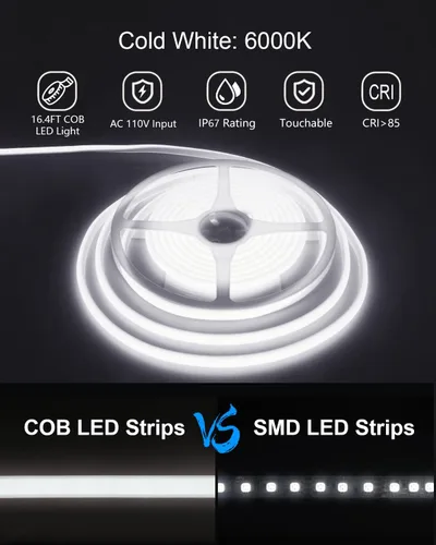 Miniatura 2 de ALITOVE Tiras de Luces LED de 110V 120V Impermeables 16.4ft Estilo COB Súper Brillantes Luz Blanca Diurna Tiras de Luces LED 6000K CRI90+