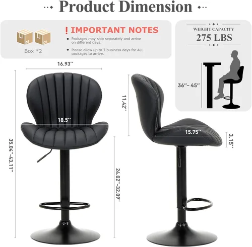 Miniatura 2 de COLAMY Juego de 4 taburetes de bar, modernas sillas de bar giratorias, taburetes tapizados de piel sintética ajustable, altura de mostrador con Negro