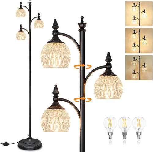 Miniatura 8 de JUNNAI Lámpara de pie negra para sala de estar, lámpara de pie alta, regulable, con 3 luces giratorias, pantalla de cristal, lámpara de esquina Negro