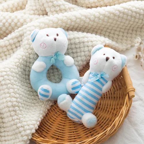 Sonajero suave de peluche para bebé, sonajero de oso azul para bebés, primer juego de sonajero de peluche para recién nacidos, juguetes sensoriales