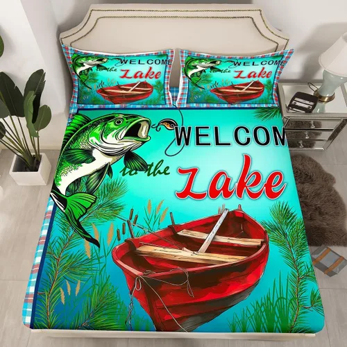 Miniatura 15 de Lake House Sábanas bajeras tamaño individual, sábana dibujada a mano con paisaje de lago y montaña para niños, niñas, niños y adultos, decoración
