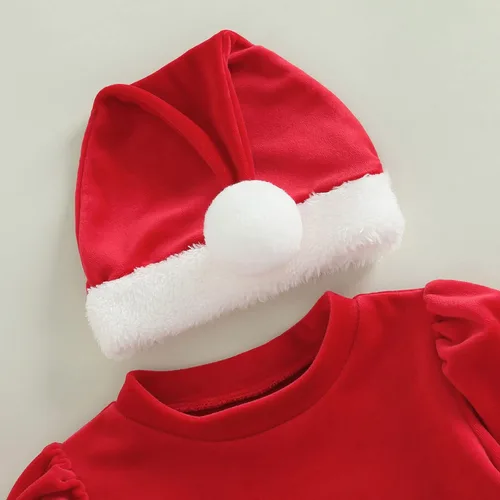 Miniatura 4 de woshilaocai Vestido de Navidad para niñas pequeñas, vestido de terciopelo con lazo de Papá Noel con sombrero, vestidos de fiesta para fotos