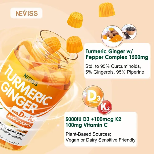 Miniatura 3 de Gomitas de Cúrcuma y Jengibre Sin Azúcar 1500mg con Vitamina D3 5000UI y K2 para Mujeres y Hombres, Gomitas de Cúrcuma y Jengibre para Adultos