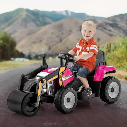 Miniatura 6 de Costzon Auto para montar en coche, rodillo de carretera de 12 V con control remoto, tractor eléctrico a batería con rodillo de tambor ajustable, Rosa