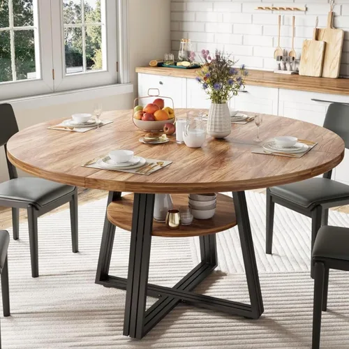 Miniatura 16 de GarveeHome Mesa de comedor redonda para 4-6, 47.2 pulgadas, mesa de cocina de granja con almacenamiento, mesas de comedor circulares para cocina