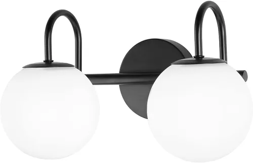 Luces de tocador modernas de mediados de siglo para baño, marco de metal negro y globo de vidrio esmerilado blanco leche, 2 luces, aplique de pared,