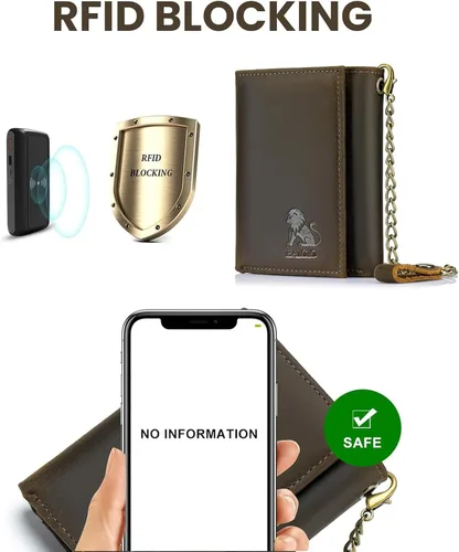 Miniatura 6 de BAIGIO Billetera de cuero genuino con cadena para hombre, con bloqueo RFID, triple pliegue, regalo para el padre
