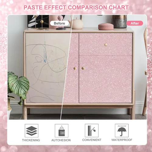 Miniatura 5 de Amiya Papel adhesivo de vinilo con purpurina rosa de 17.3 x 120 pulgadas, autoadhesivo, para pegar y despegar, papel tapiz decorativo brillante