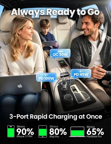 Miniatura 3 de JOYROOM Cargador de coche de 175 W USB C de carga rápida [GaN] Cargador de encendedor de cigarrillos de coche de 3 puertos con cable USBC, cargador
