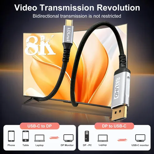 Miniatura 2 de LDLrui Cable USB C a DisplayPort 1.4 bidireccional 1M, 8K @60Hz 4K a 240Hz para MacBook/iPad a DP o PC a pantalla USB-C, Thunderbolt 4/3 y USB4