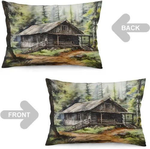 Miniatura 4 de Funda de almohada rústica de 12 x 20 pulgadas, diseño de cabaña en el bosque, súper suave, funda de cojín impresa de doble cara, funda de almohada