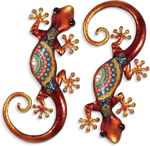 LIFFY Arte Decorativo de Pared de Metal con Lagarto - Paquete de 2 Decoraciones de Pared de Metal de 15 Pulgadas, Escultura Colgante de Vidrio de