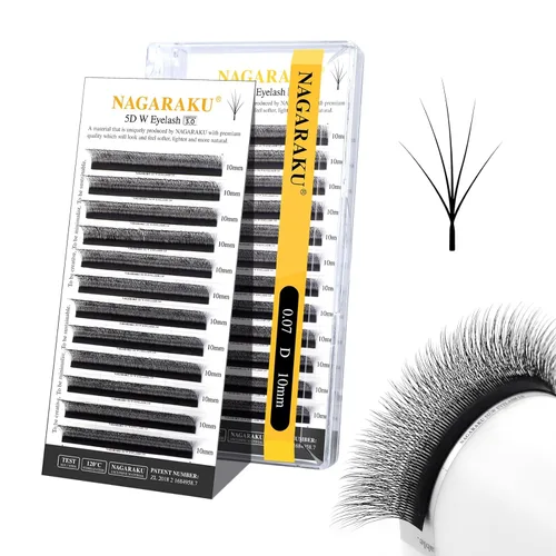 Miniatura 66 de NAGARAKU Extensión de pestañas en forma de W en 3D 5 bandejas en 1 paquete, volumen 0.07mm, rizado D, 9/10/11/12/13mm, abanico prefabricado