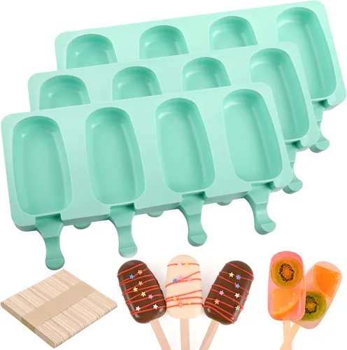 Miniatura 15 de Sakolla 2 paquetes de moldes de silicona para paletas, moldes de helado de diamante de 4 cavidades con 50 palos de madera para paletas de hielo