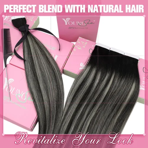 Miniatura 6 de YoungSee - Extensiones de cabello humano con cinta adhesiva, color negro ombre, extensiones de cabello humano real, cinta adhesiva invisible