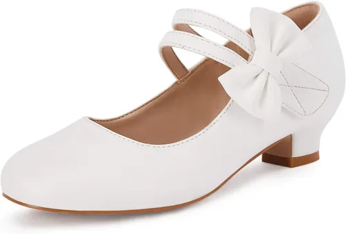 Coutgo Zapatos de vestir Mary Jane para niñas, zapatos planos de tacón bajo con lazo y velcro para fiestas y escuelas para niños pequeños y grandes