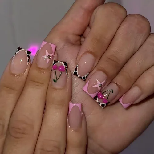 Miniatura 22 de Lindas uñas a presión de tamaño mediano - Uñas falsas cuadradas con punta francesa, uñas acrílicas rojas de cobertura completa brillantes