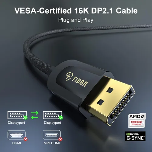 Miniatura 4 de FIBBR Cable DisplayPort 2.1 certificado VESA de 40 Gbps, cable DP40 de 16.5 pies, 16K @30Hz 10K @30Hz 8K @60Hz 4K @165Hz, HDR, HDCP2.2, DSC 1.2a