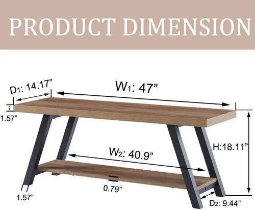Miniatura 2 de LVB Banco de Entrada Industrial, Banco de Almacenamiento de Madera y Metal para Sala de Estar y Comedor, Banco de Zapatos de Estilo Campestre