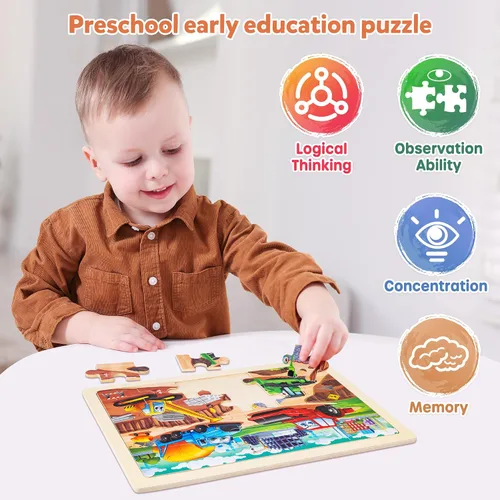 Miniatura 6 de SYNARRY Rompecabezas Grandes de Vehículos de Construcción de Madera para Niños Pequeños de 3-5 Años, Rompecabezas de Camión Monstruo de 24 Piezas