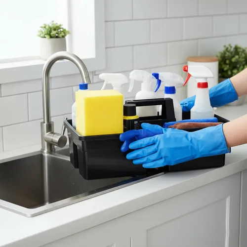 Miniatura 6 de Cesta de limpieza de plástico con 3 compartimentos – Cubo organizador de herramientas de plástico apilable de calidad comercial grande con asa