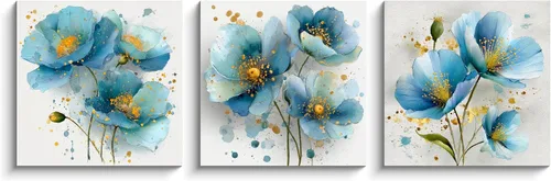 Miniatura 2 de NAN Wind 3 piezas de arte de pared de flores azules, impresión botánica moderna, ilustración floral floreciente, salpicaduras de acuarela y elegante