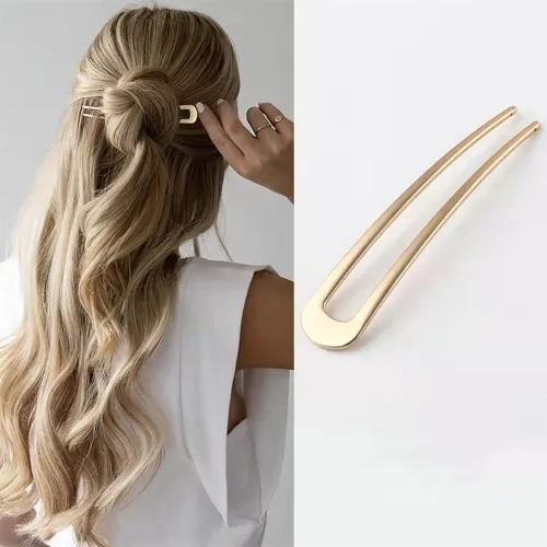 Miniatura 4 de Paquete de 3 horquillas en forma de U para el cabello francés, moño para el cabello, chignon dorado para mujer, accesorios para el cabello