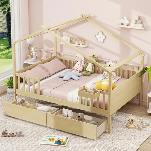 Miniatura 10 de Giantex Cama individual para niños con cajones de almacenamiento, cama Montessori de madera con rieles y estante lateral, sofá cama baja para niños