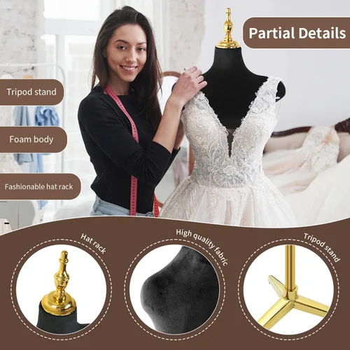 Miniatura 4 de Maniquí femenino de velour negro, con soporte de trípode ajustable en altura, para ropa y joyería, forma de vestido y exhibición de joyería
