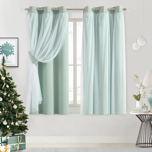 Miniatura 9 de Bujasso Cortinas de oscurecimiento 80% Aqua con superposición de gasa, paneles de ventana térmicamente aislados de doble capa, combinables, 63 huevo
