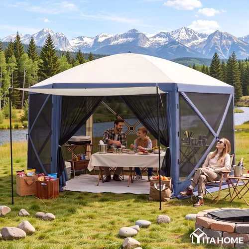 YITAHOME Gazebo de campamento de 12 x 12 pies, toldo portátil desplegable para exteriores, tienda de campaña con pantalla de 6 caras con ventanas de